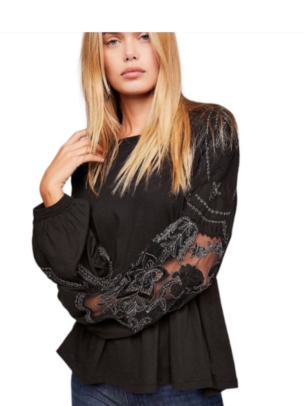 Free People Black Embroidered "Penny Tee" Oversized Mesh Long Sleeve Top Size M